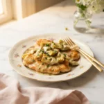 Golden chicken carciofi cutlets with artichokes in creamy lemon parmesan sauce on a floral gold-rim plate