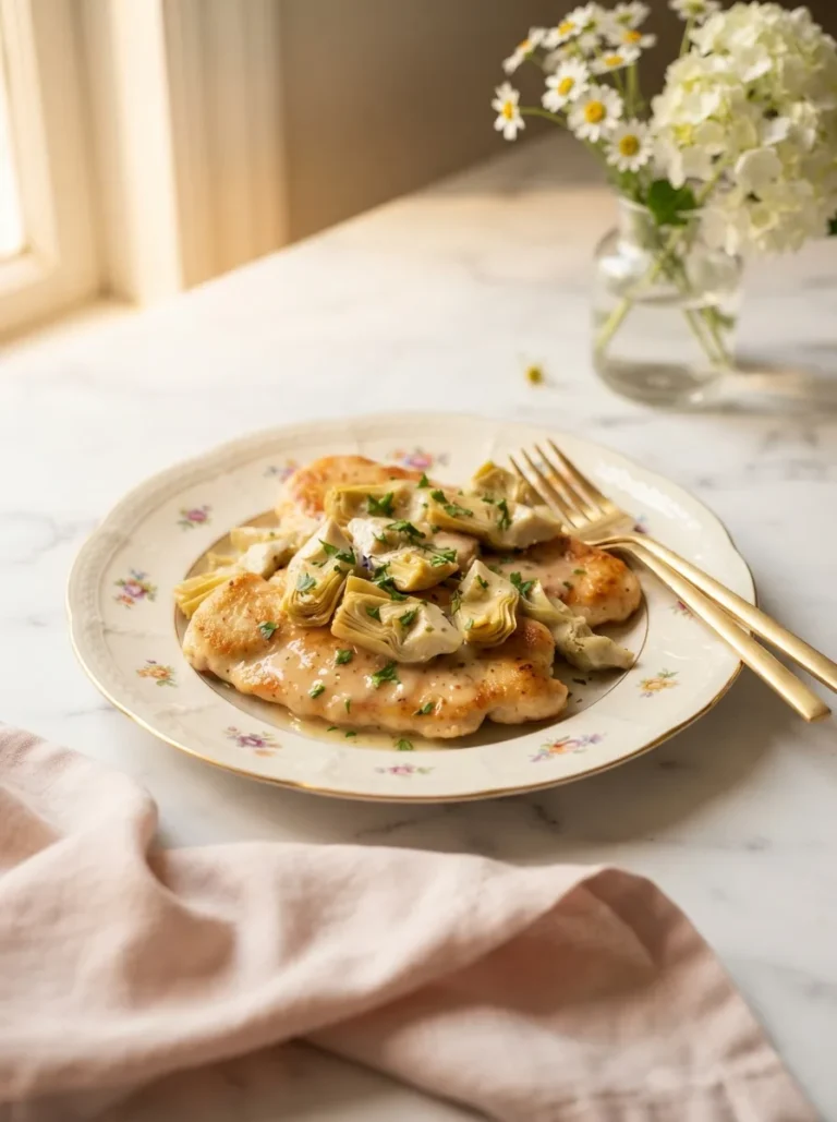 Golden chicken carciofi cutlets with artichokes in creamy lemon parmesan sauce on a floral gold-rim plate