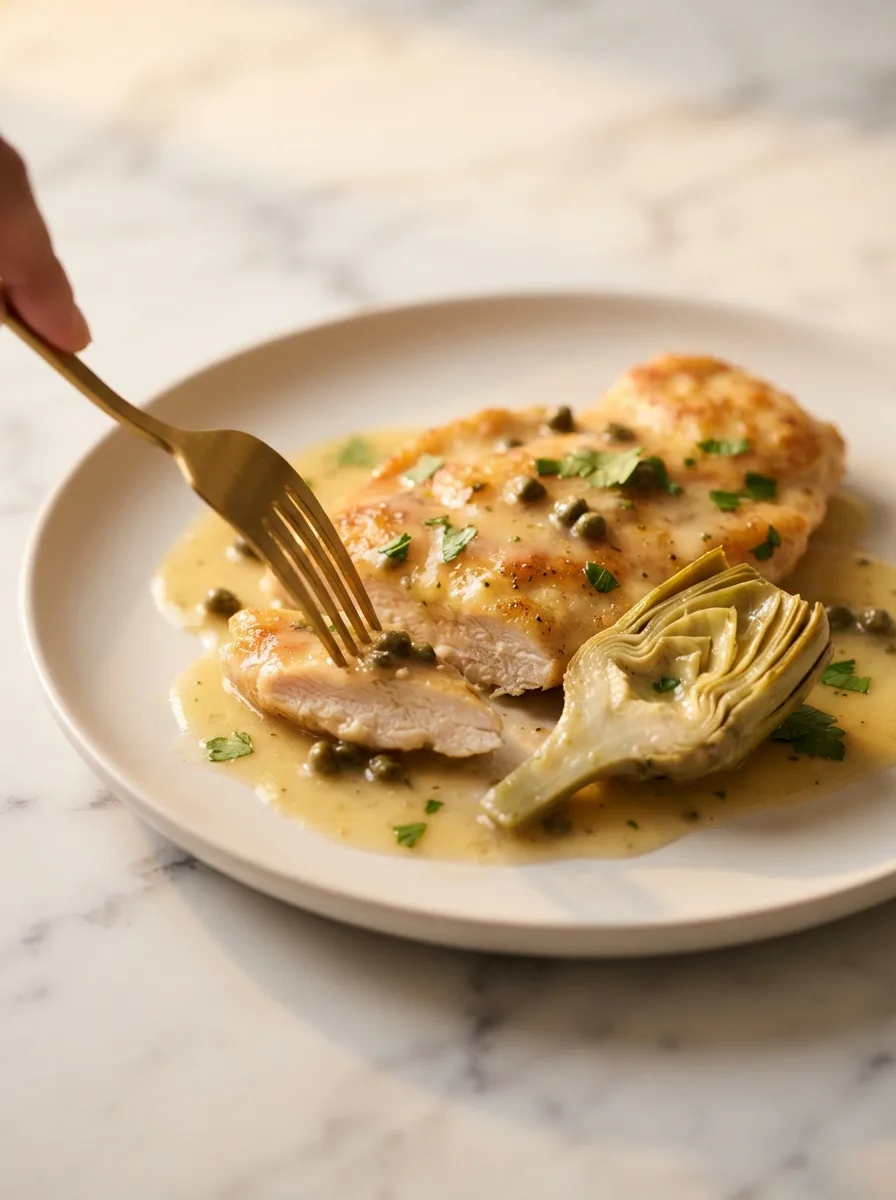 Fork cutting into a juicy chicken cutlet showing tender interior in creamy artichoke sauce