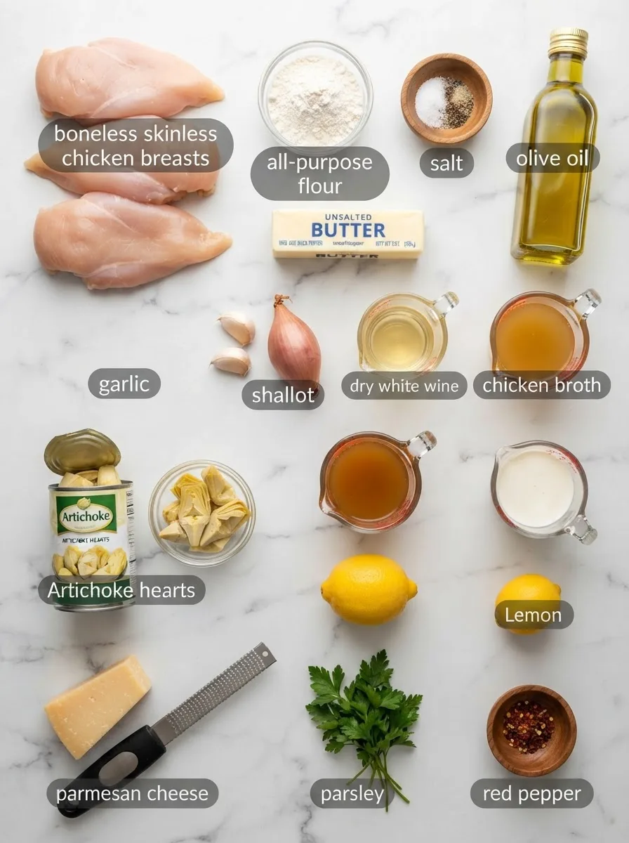 Ingredients for chicken carciofi in glass bowls: chicken, artichokes, wine, cream, lemon, parmesan