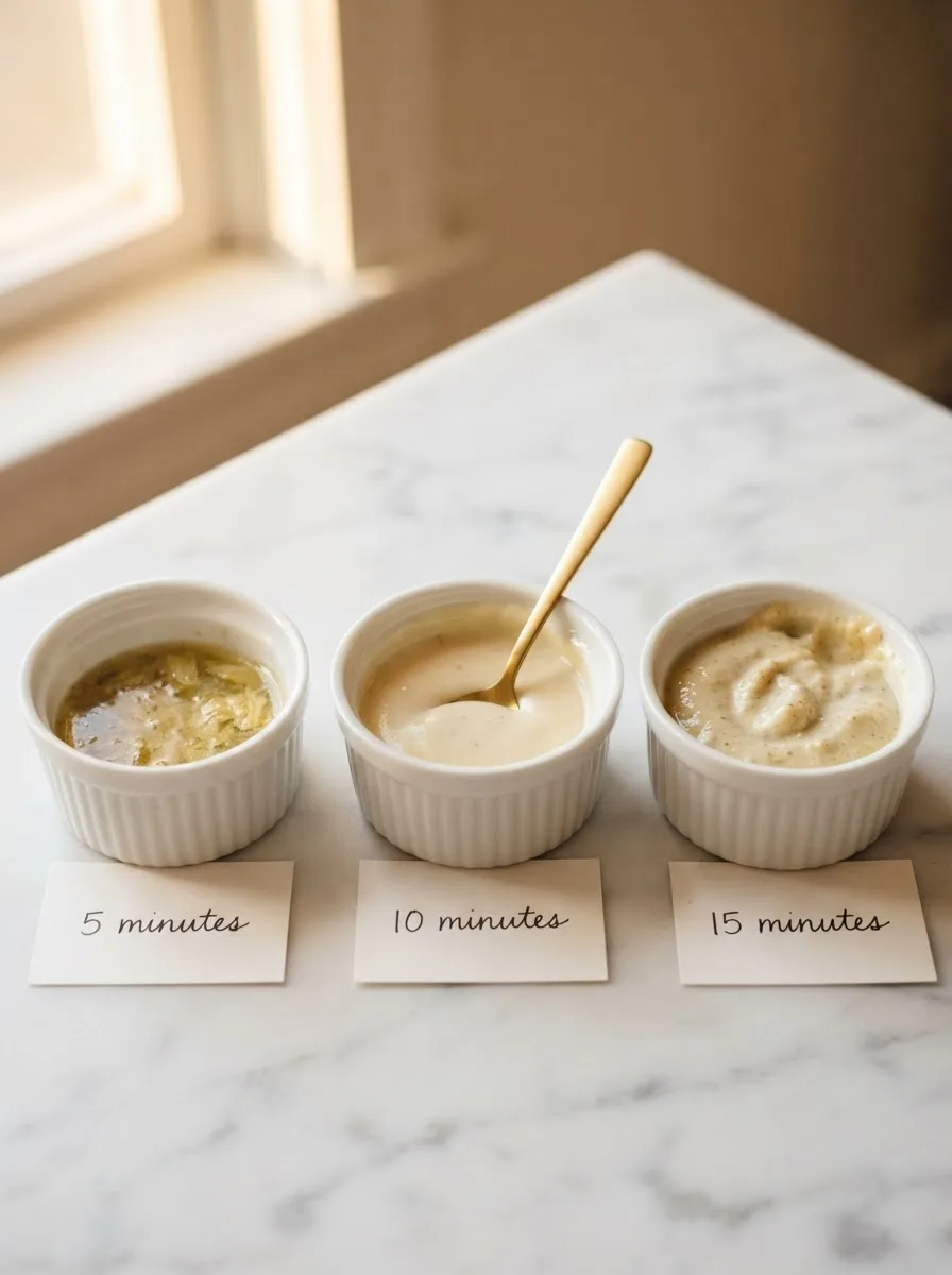 Side-by-side sauce reduction comparison at 5, 10, and 15 minutes showing texture differences