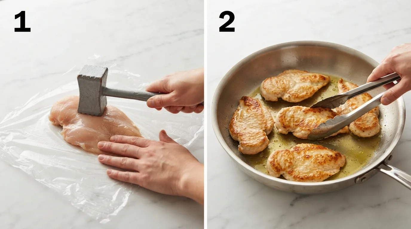 Pounding a chicken breast to even thickness with a meat mallet under plastic wrap / Golden dredged chicken cutlets searing in a hot skillet with olive oil