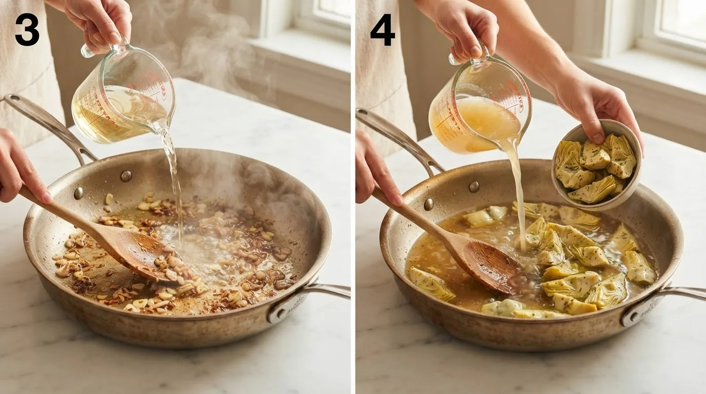 Pouring white wine into skillet with garlic and shallot, scraping up browned bits / Adding chicken broth and quartered artichoke hearts to the simmering pan