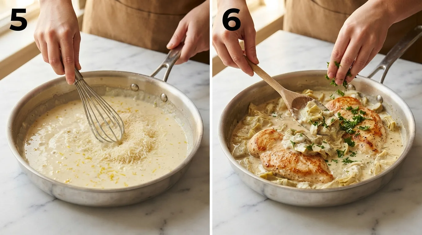 Whisking grated parmesan and lemon zest into a glossy cream sauce / Nestling seared chicken cutlets into the finished artichoke cream sauce