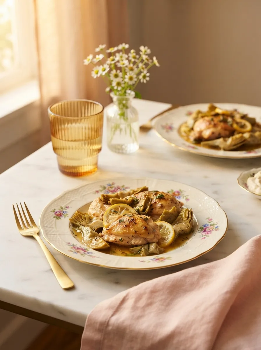Chicken carciofi table scene with wine, fresh flowers, and gold flatware