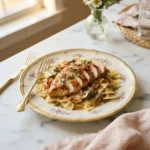 Creamy chicken modiga with prosciutto, mushrooms, and sun-dried tomatoes over bow-tie pasta