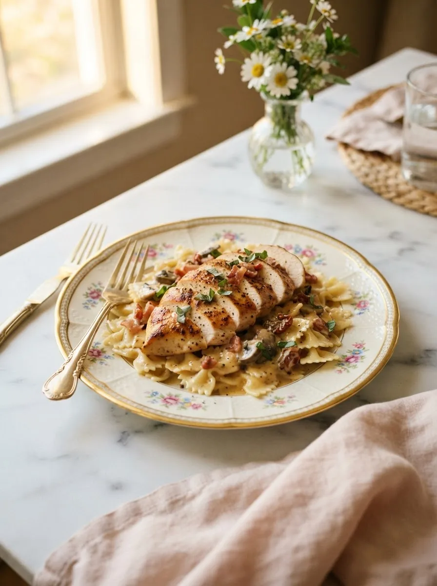 Creamy chicken modiga with prosciutto, mushrooms, and sun-dried tomatoes over bow-tie pasta