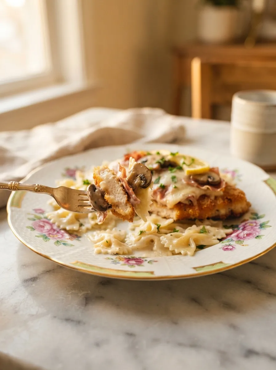 Forkful of chicken modiga showing sauce clinging to bow-tie pasta and crisp prosciutto