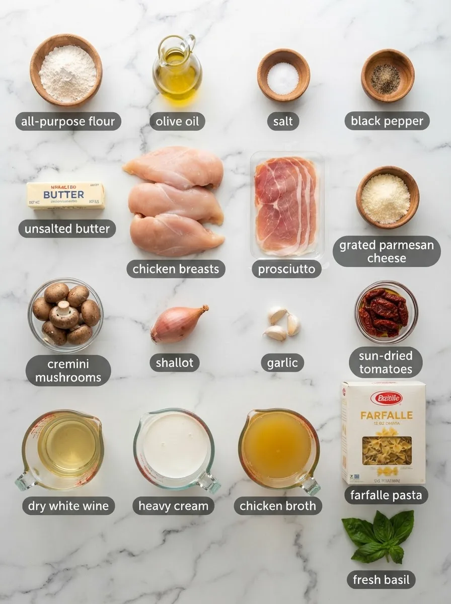 Ingredients for chicken modiga measured into separate bowls on marble