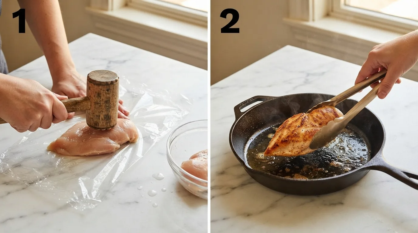 Pounding chicken breast to even thickness with a meat mallet / Lifting seared golden chicken breast from skillet with tongs