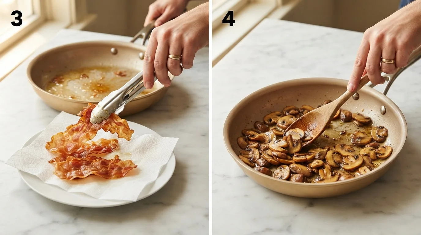 Removing crisp prosciutto from skillet onto paper towel-lined plate / Sautéing sliced mushrooms in a skillet until golden brown