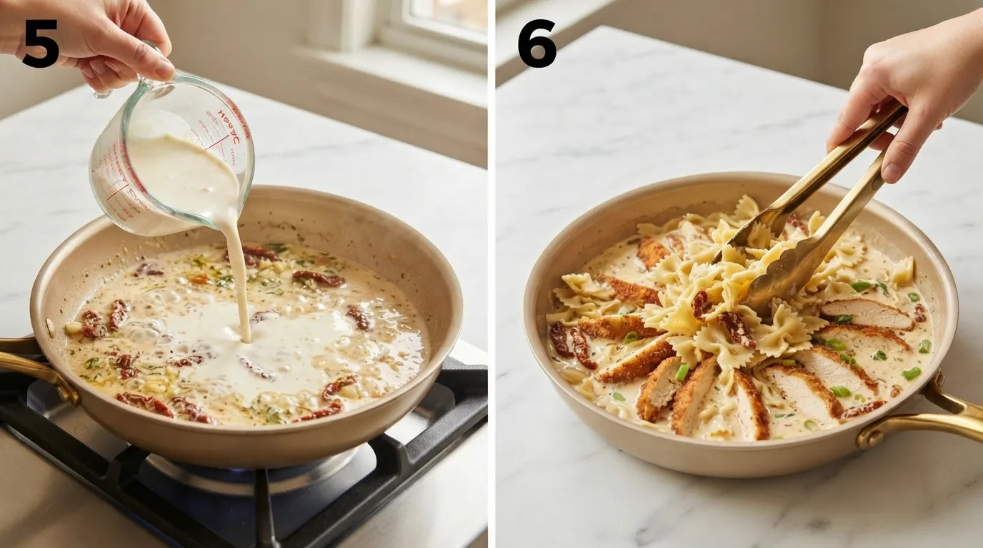 Pouring heavy cream into simmering chicken modiga sauce / Tossing bow-tie pasta into finished creamy chicken modiga sauce