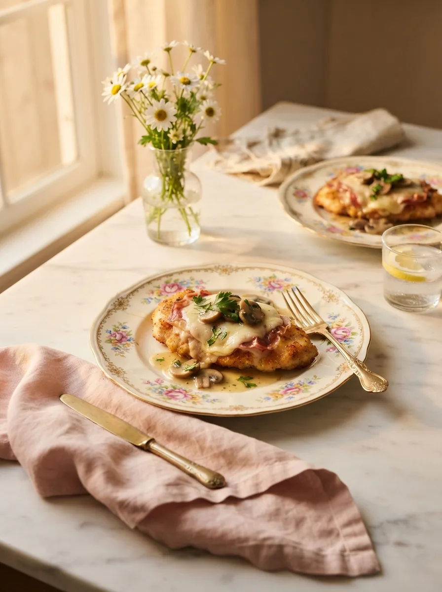 Chicken modiga table scene with second serving and fresh flowers
