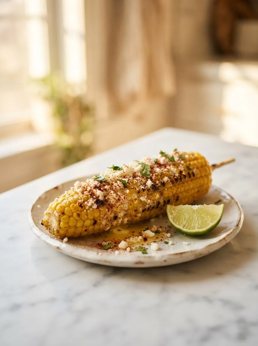 Close-up of chili-lime butter melting into charred corn kernels with cotija cheese