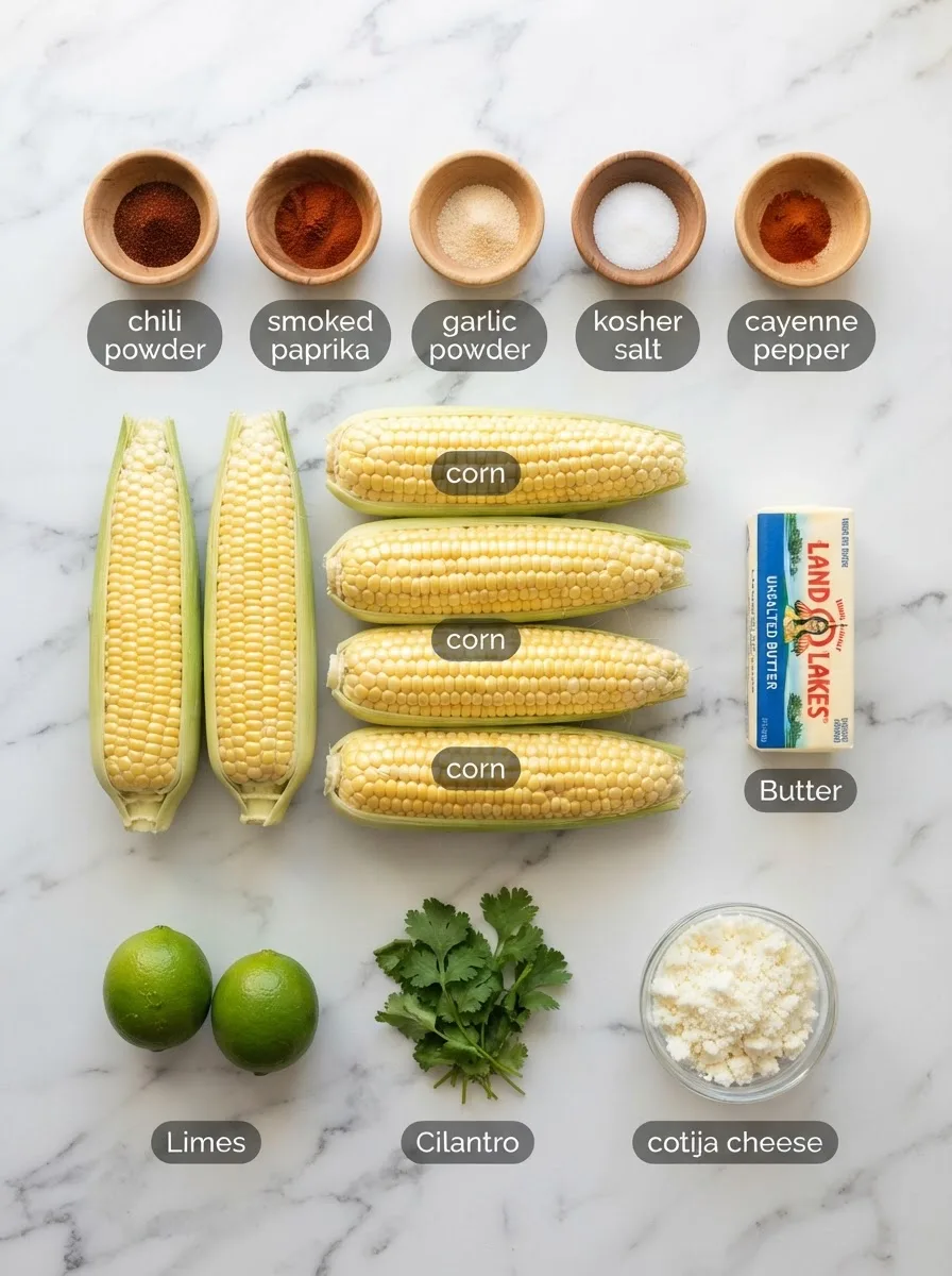 Ingredients for chilis corn on the cob including corn, butter, chili powder, and cotija