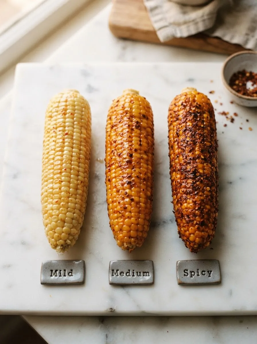 Three chilis corn on the cob ears labeled mild, medium, and spicy showing heat comparison