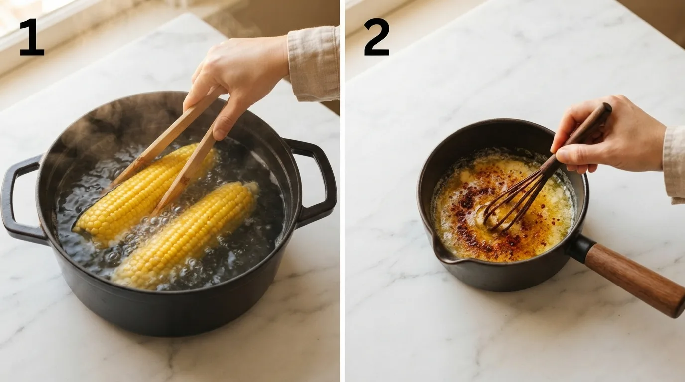 Lowering husked corn on the cob into a pot of boiling water with tongs / Whisking chili powder and smoked paprika into melted butter in a saucepan