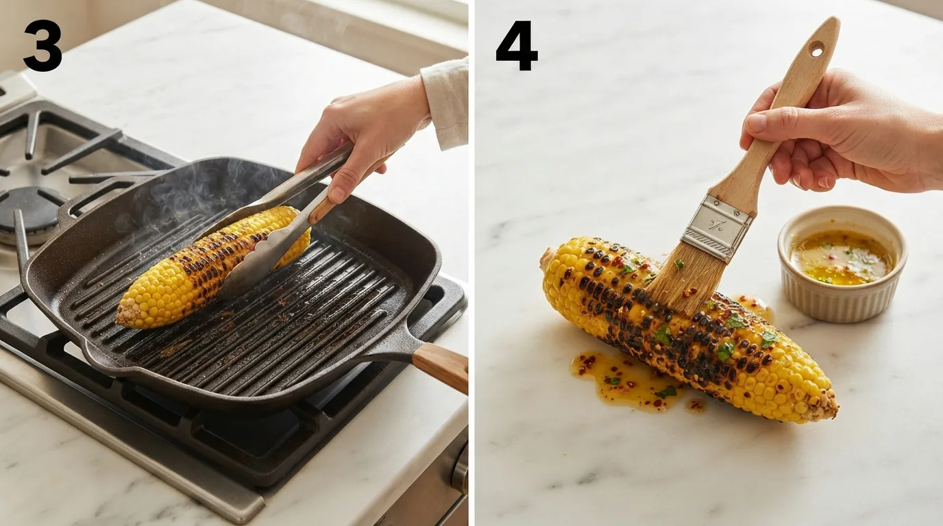 Charring boiled corn on the cob on a ridged grill pan / Brushing chili-lime butter onto charred corn on the cob with a basting brush