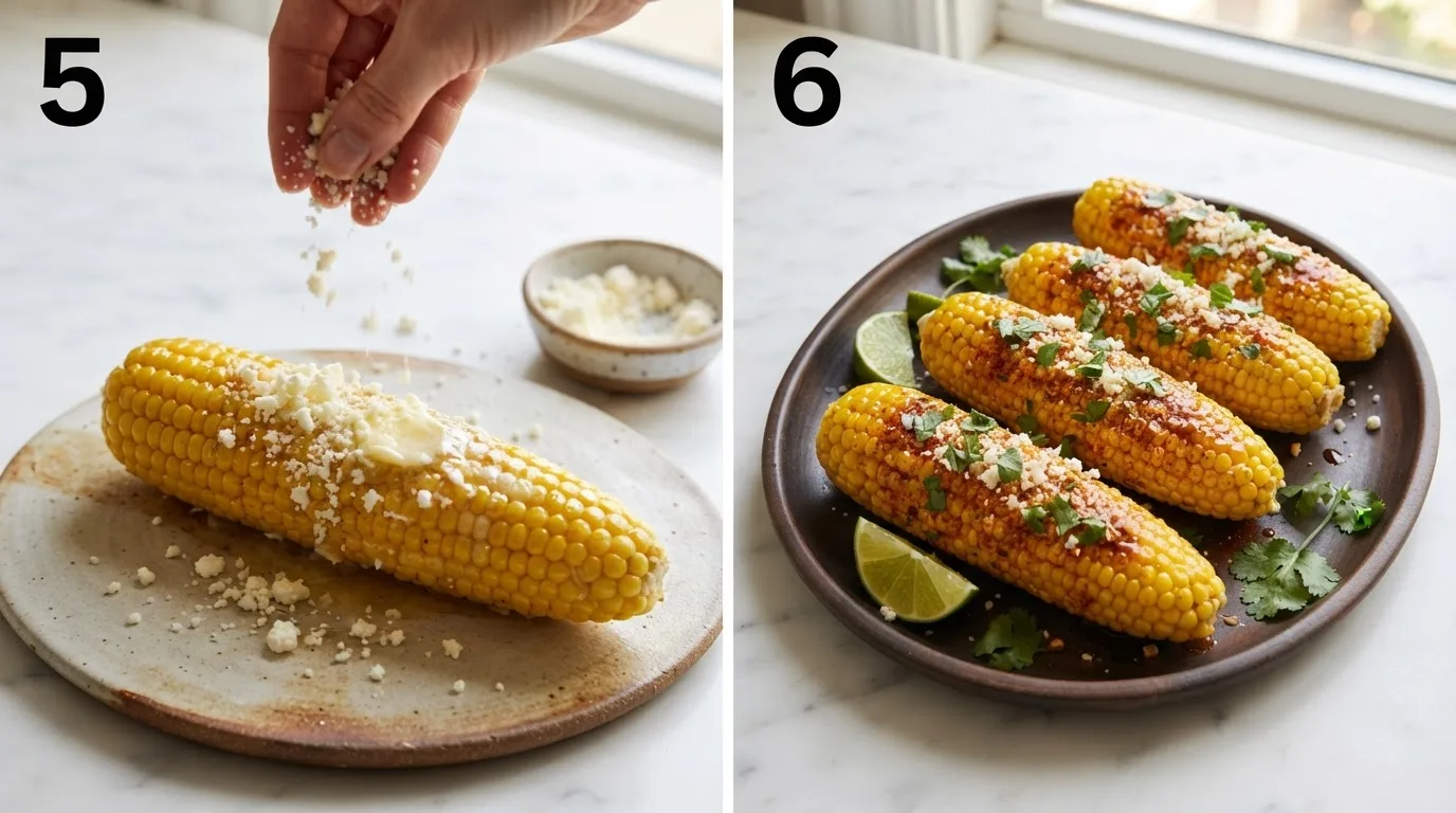 Sprinkling crumbled cotija cheese over buttered chilis corn on the cob / Finished chilis corn on the cob platter with cilantro and lime wedges