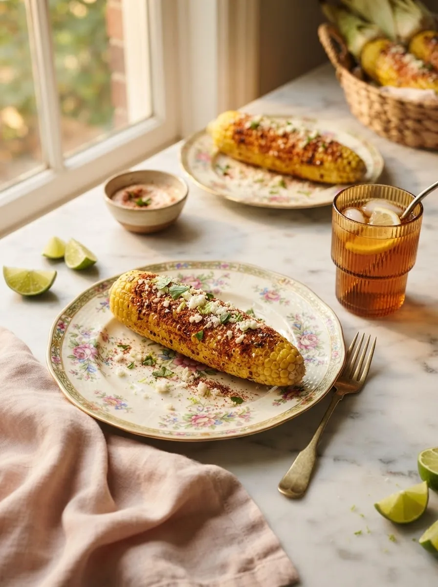 Chilis corn on the cob served at a summer cookout table with iced tea and lime wedges