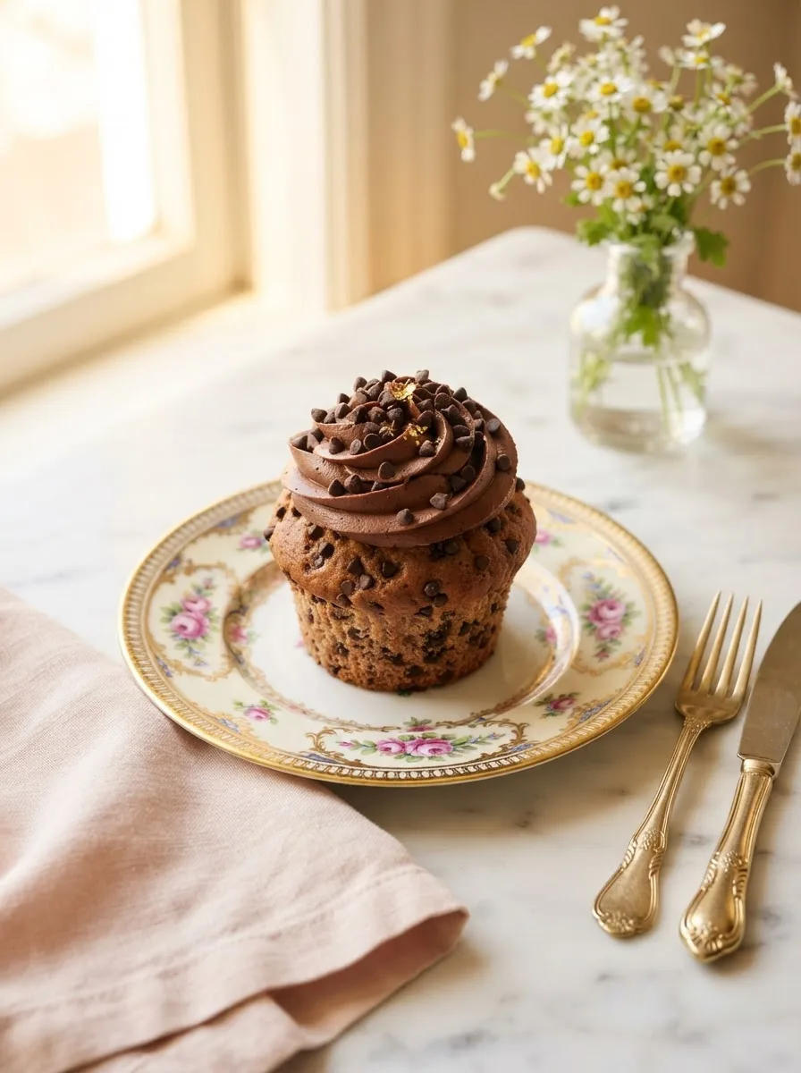 Foolproof choco chips cup cake with domed top and melted chocolate chips on a cream floral plate