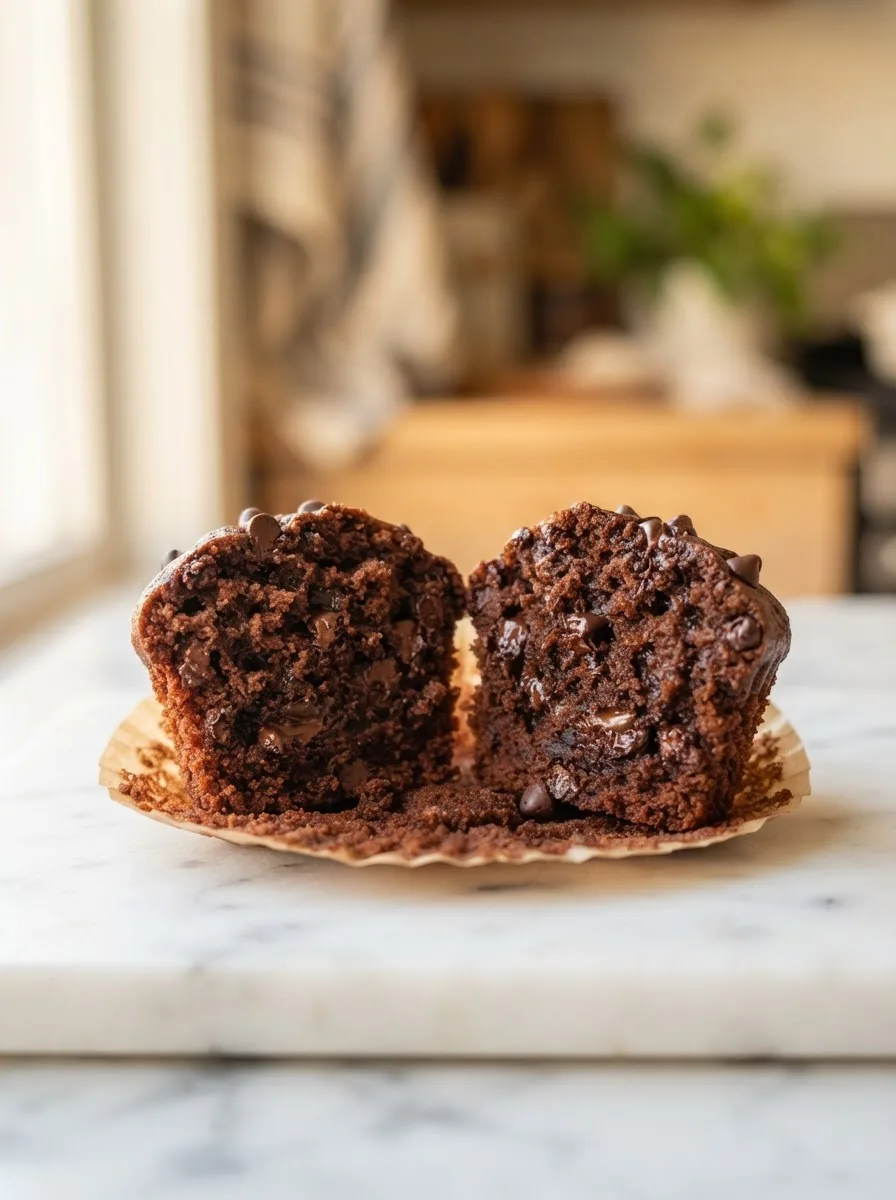 Split chocolate chip cupcake showing melted chocolate chips throughout a moist crumb