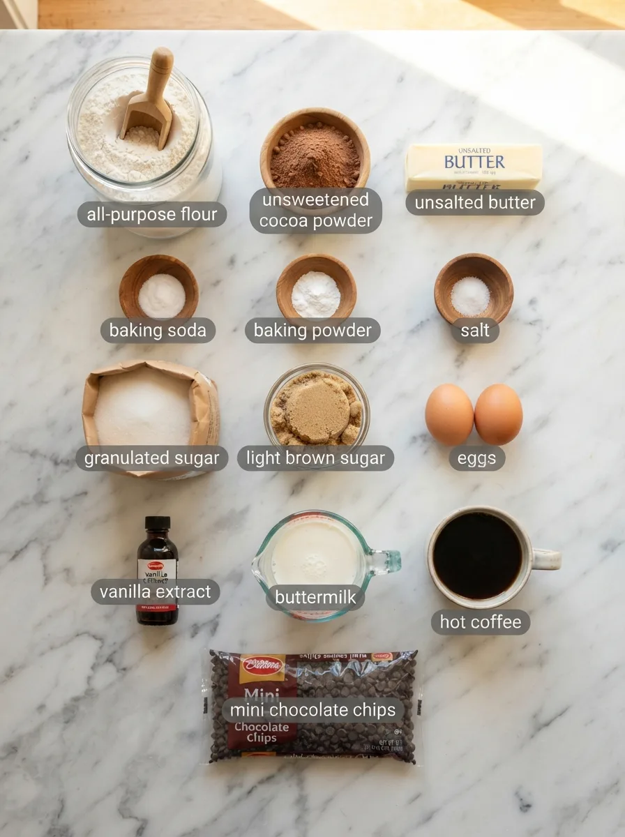 Ingredients for choco chips cup cake measured into bowls: flour, cocoa, butter, eggs, chocolate chips