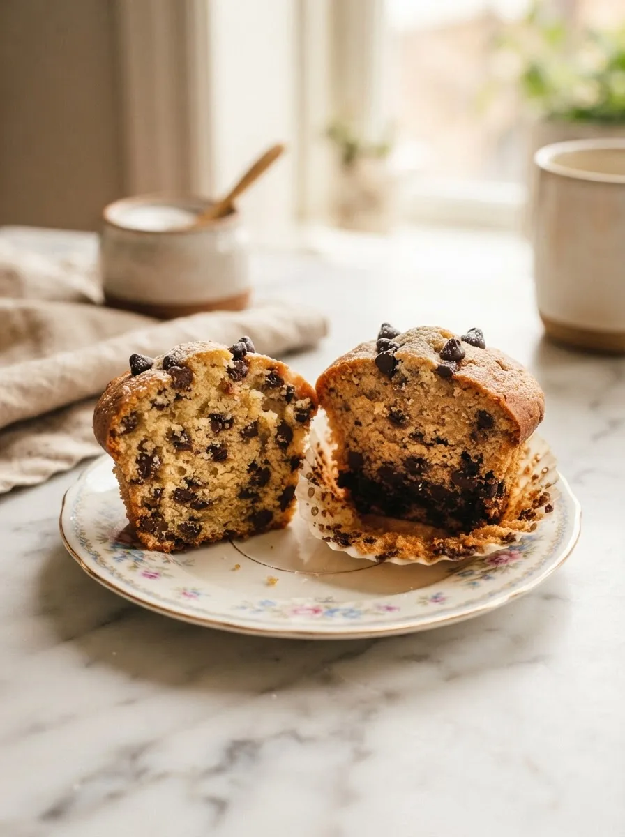 Side-by-side comparison of chocolate chip cupcakes: floured chips suspended versus chips sunk to the bottom
