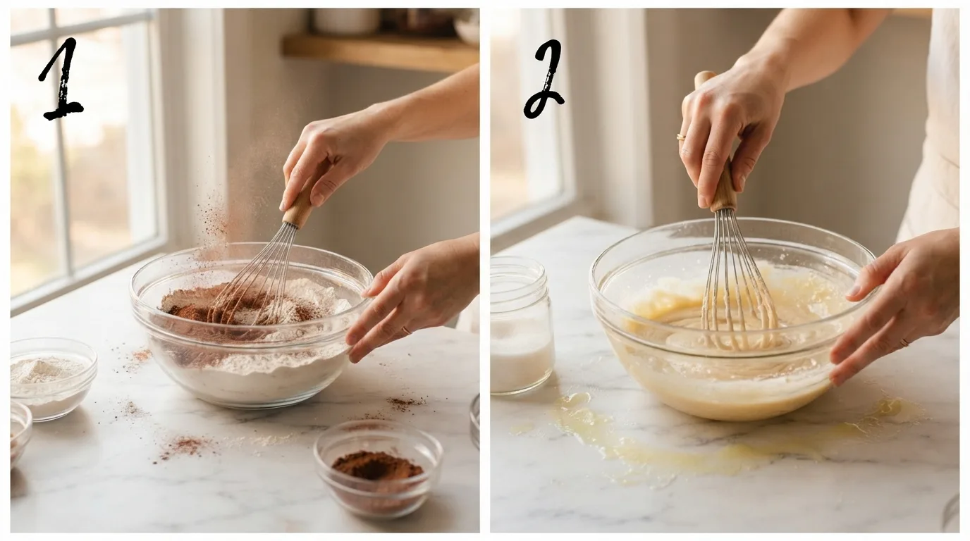 Whisking flour and cocoa powder together for chocolate cupcake batter / Whisking melted butter and sugar until glossy for cupcake batter