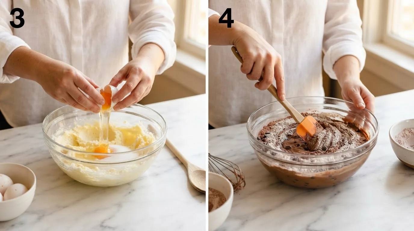 Cracking an egg into cupcake batter in a glass mixing bowl / Folding dry chocolate flour mixture into wet cupcake batter