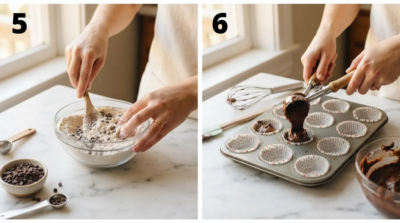 Tossing mini chocolate chips with flour to prevent sinking in cupcake batter / Scooping chocolate cupcake batter into a lined muffin tin