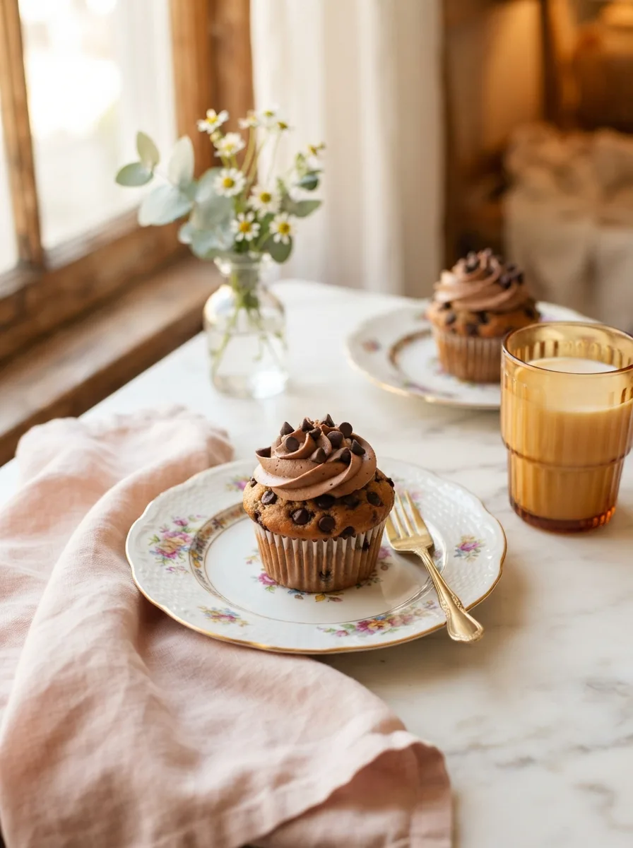 Chocolate chip cupcakes with chocolate buttercream served on a dessert table with fresh flowers