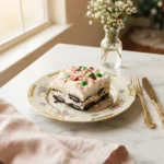 Layered slice of christmas cookie lasagna with crushed candy canes on a floral gold-rim plate