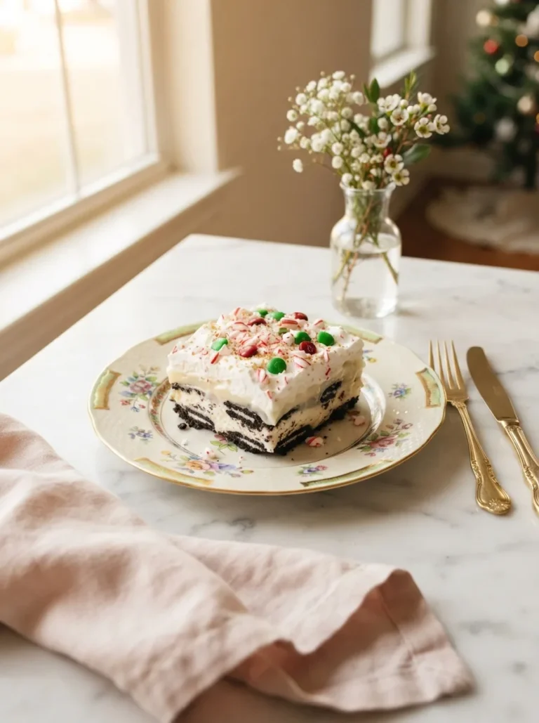 Layered slice of christmas cookie lasagna with crushed candy canes on a floral gold-rim plate