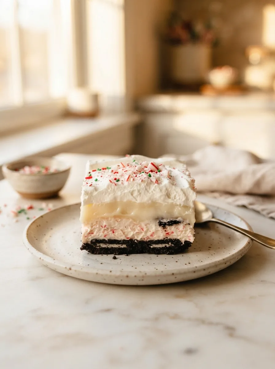 Cross-section of christmas cookie lasagna showing four distinct layers