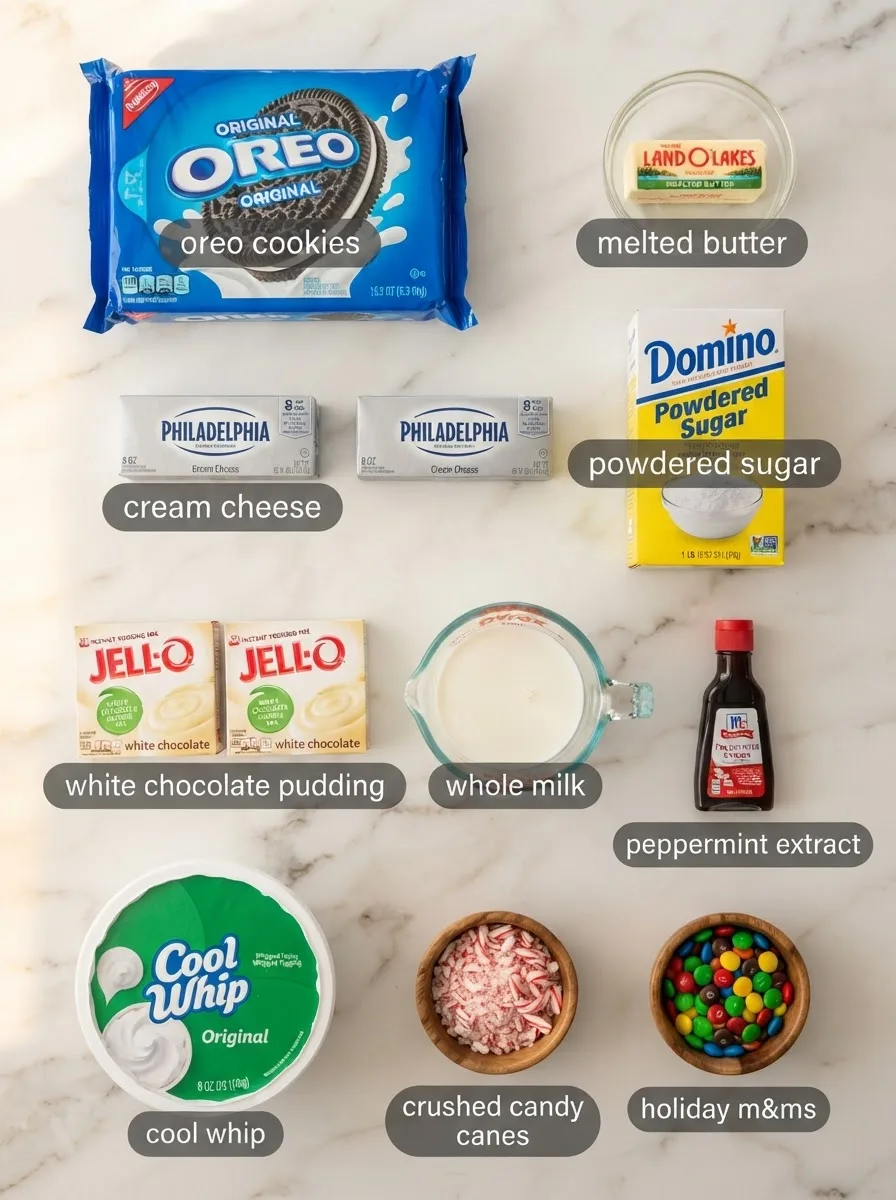 Ingredients for christmas cookie lasagna in bowls: Oreos, cream cheese, pudding mix, Cool Whip