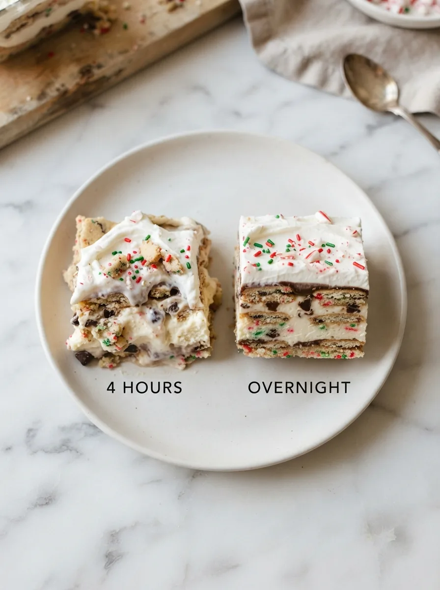 Chill time comparison of christmas cookie lasagna at 4 hours versus overnight
