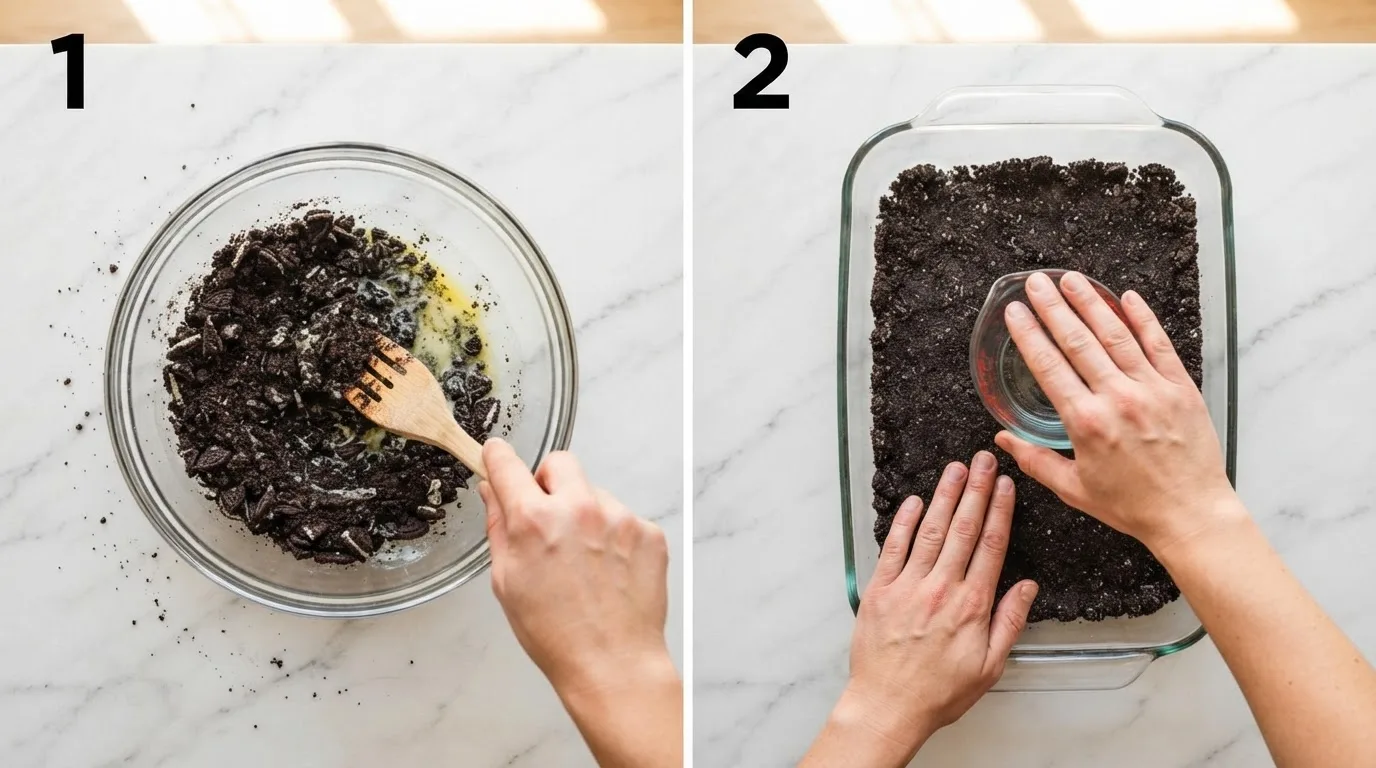 Mixing crushed Oreo crumbs with melted butter in a glass bowl / Pressing Oreo crust firmly into a glass baking dish