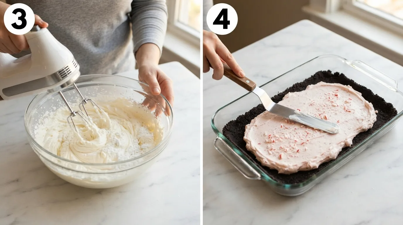 Beating cream cheese and powdered sugar smooth in a glass bowl / Spreading peppermint cream cheese layer over Oreo crust