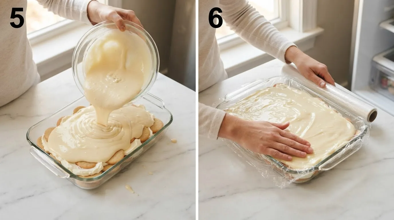 Pouring thickened white chocolate pudding over cream cheese layer / Pressing plastic wrap onto pudding before refrigerating