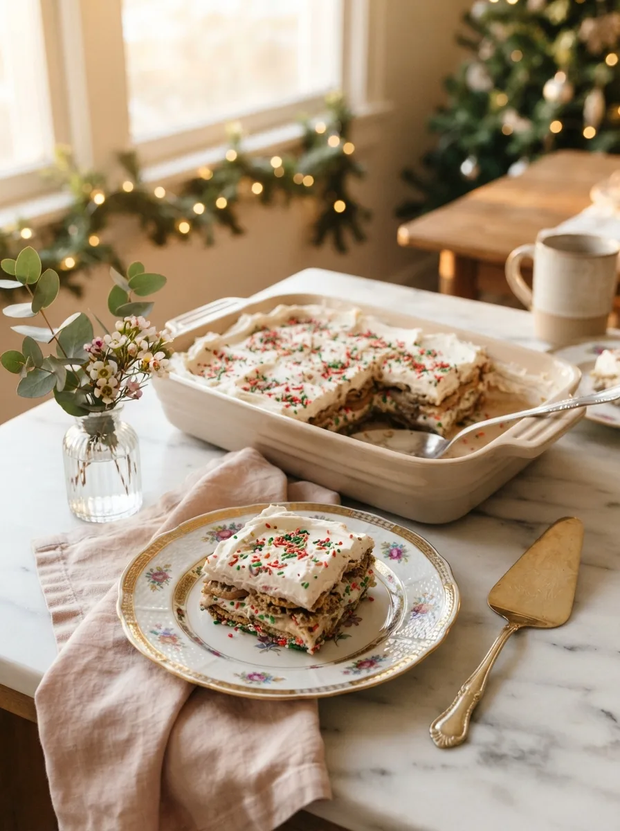 Full pan of christmas cookie lasagna sliced and served on a holiday table