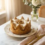Golden crown cake with sharp bundt points, gold dragées, and a mini gold crown topper on a marble stand