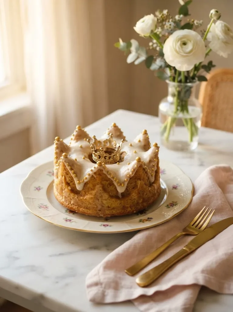 Golden crown cake with sharp bundt points, gold dragées, and a mini gold crown topper on a marble stand