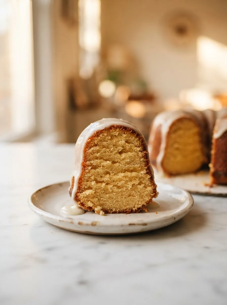 Cross-section of a cake crown revealing golden brown butter crumb and moist texture