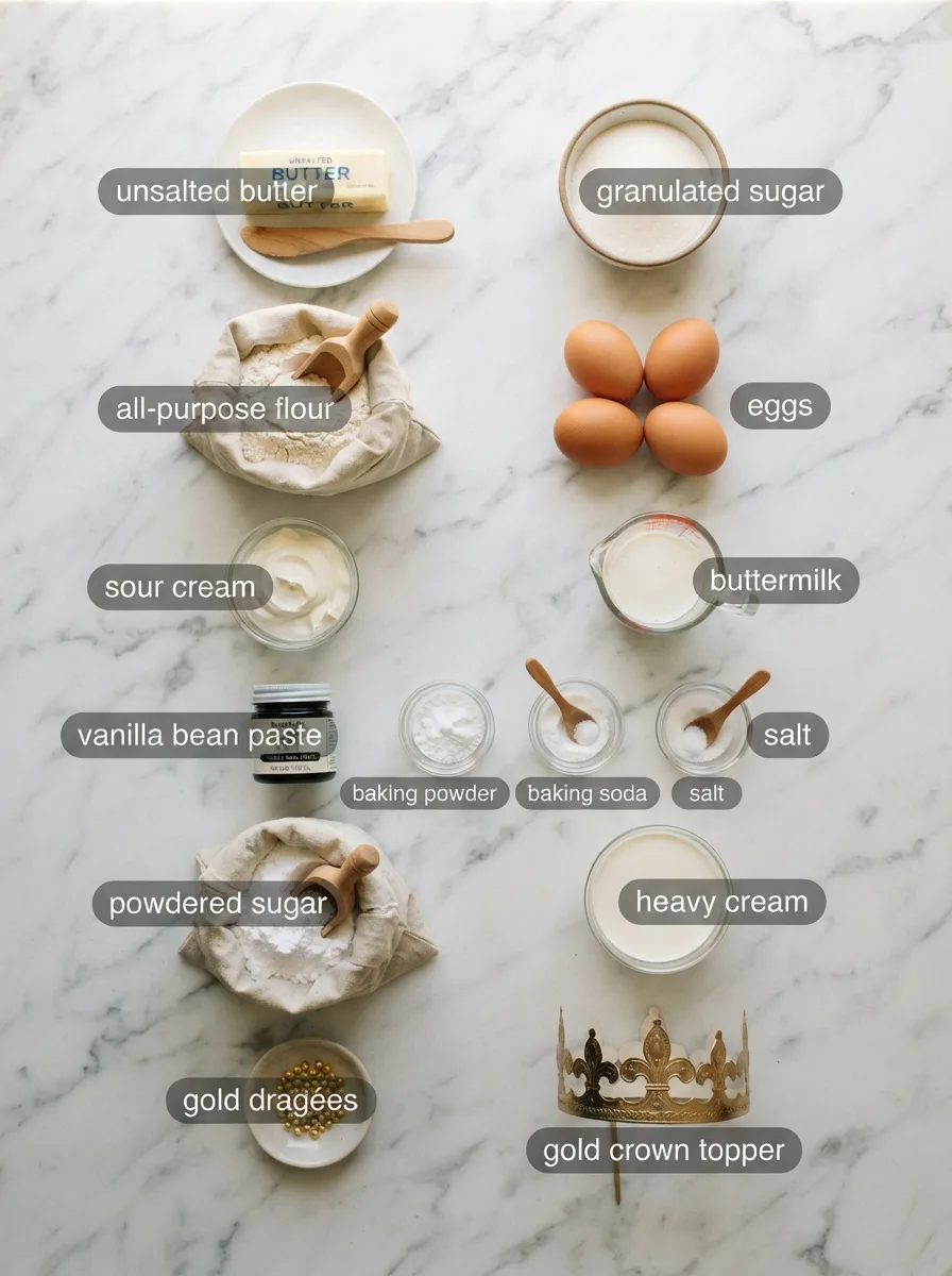 Ingredients for crown cake measured in bowls: butter, flour, sour cream, eggs, vanilla bean, sugar