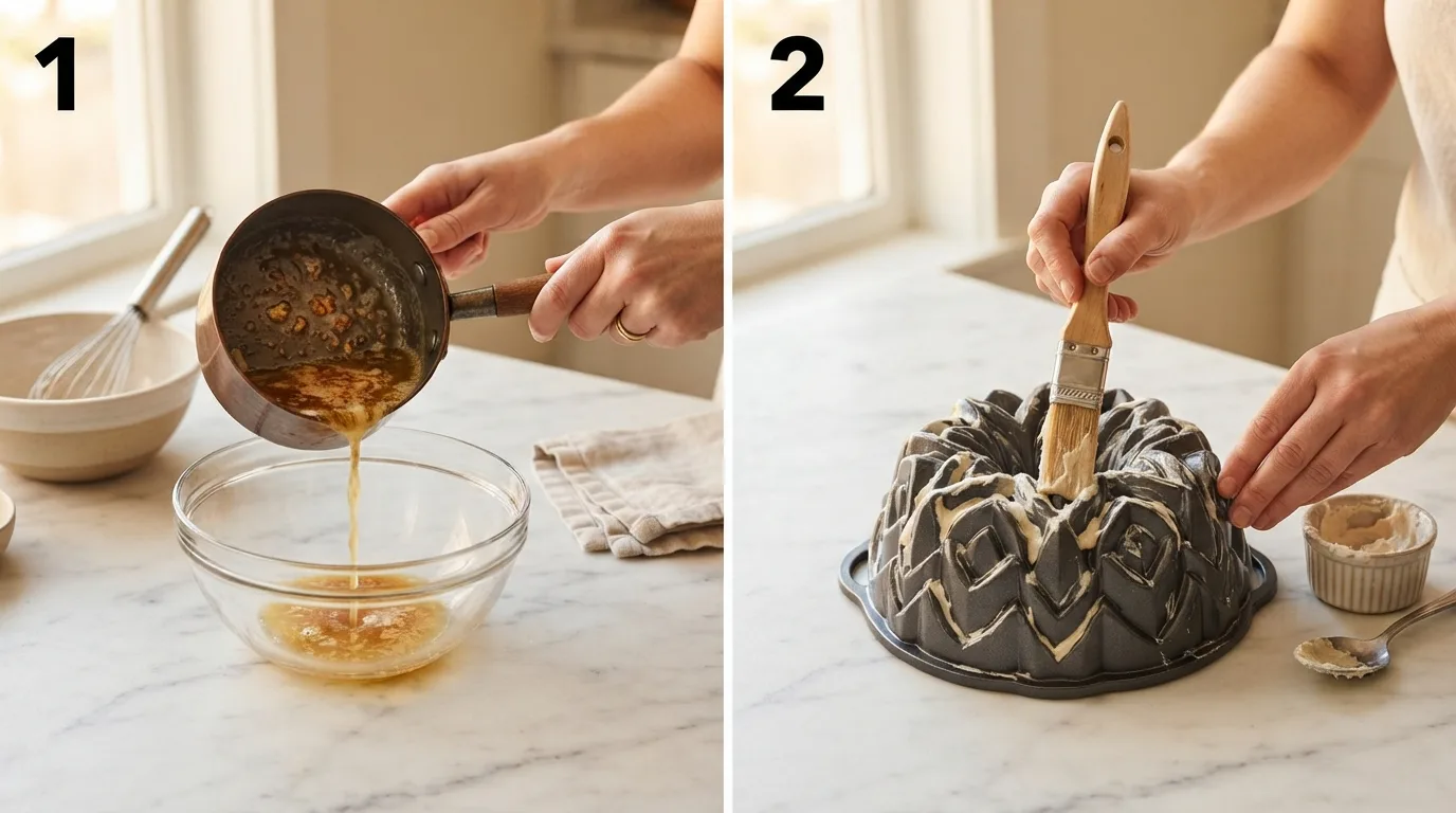 Pouring browned butter with toasted flecks into a glass bowl to cool / Brushing homemade pan release into the crevices of a crown bundt pan