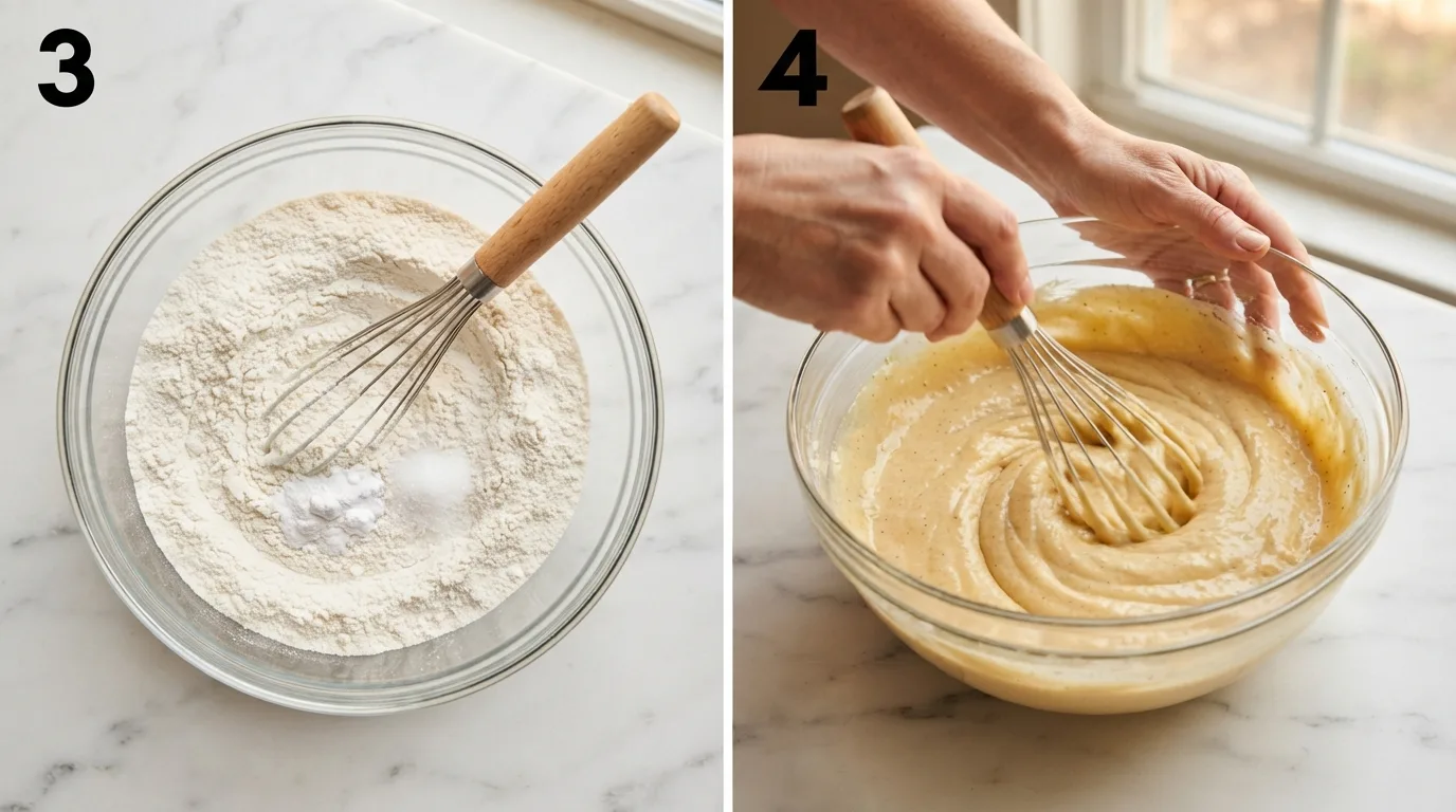Whisking flour, baking powder, and salt together in a glass bowl / Whisking brown butter batter with visible vanilla bean flecks