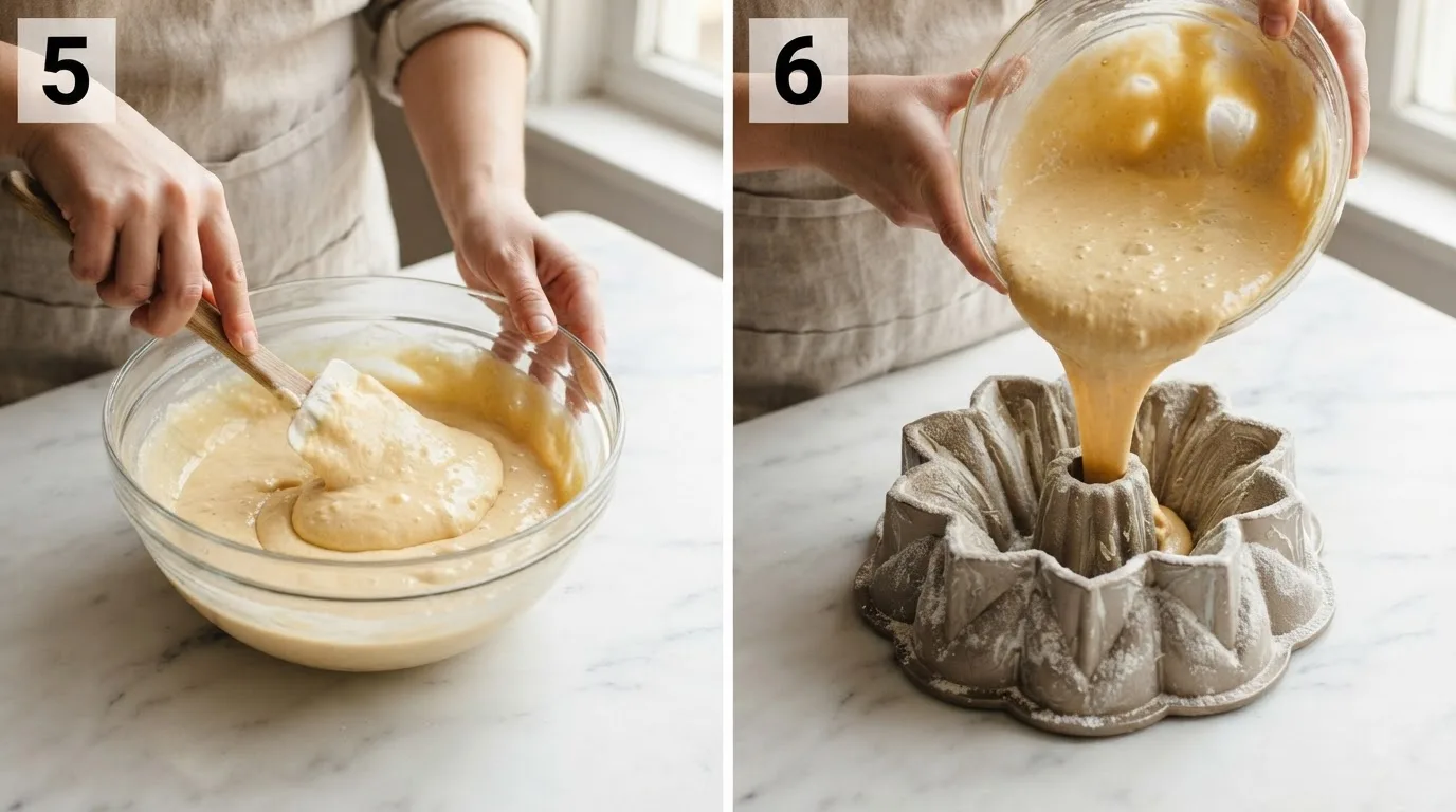Folding pale gold crown cake batter with a rubber spatula / Pouring crown cake batter into a prepared crown bundt pan