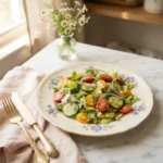 Crisp cucumber lettuce and tomato salad on a gold-rim floral plate with linen napkin