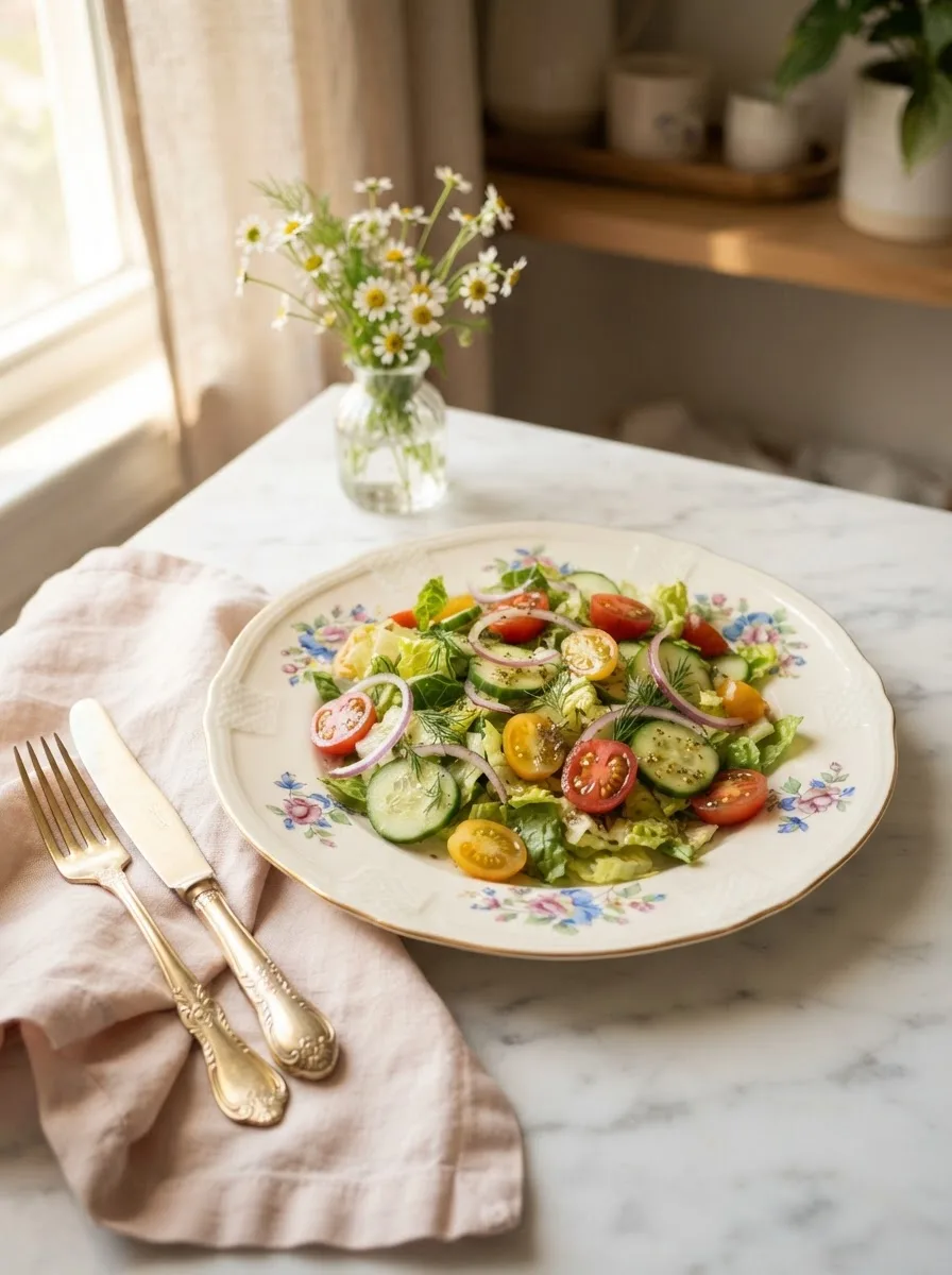 Crisp cucumber lettuce and tomato salad on a gold-rim floral plate with linen napkin